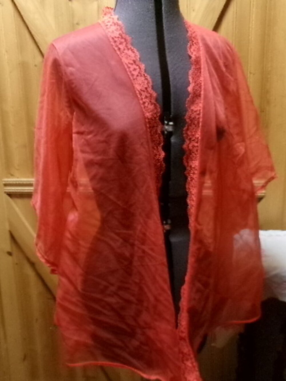 Vtg Red sheer lace trim open front bed jacket sexy red glam